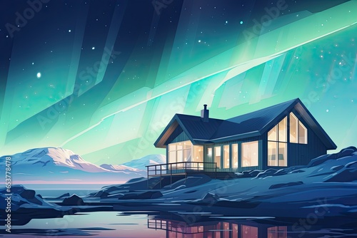 luxury villa on polar lights sky background in winter illustration
