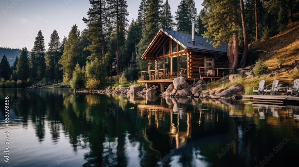 Fototapeta premium Peaceful Lakeside Cabin in the Mountains