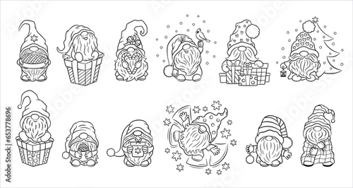 Christmas gnomes set coloring book pages. Black and white digital stamps with cute Christmas gnome characters. Scandinavian elf Tomte coloring page drawing. Winter fun Xmas vector illustration.