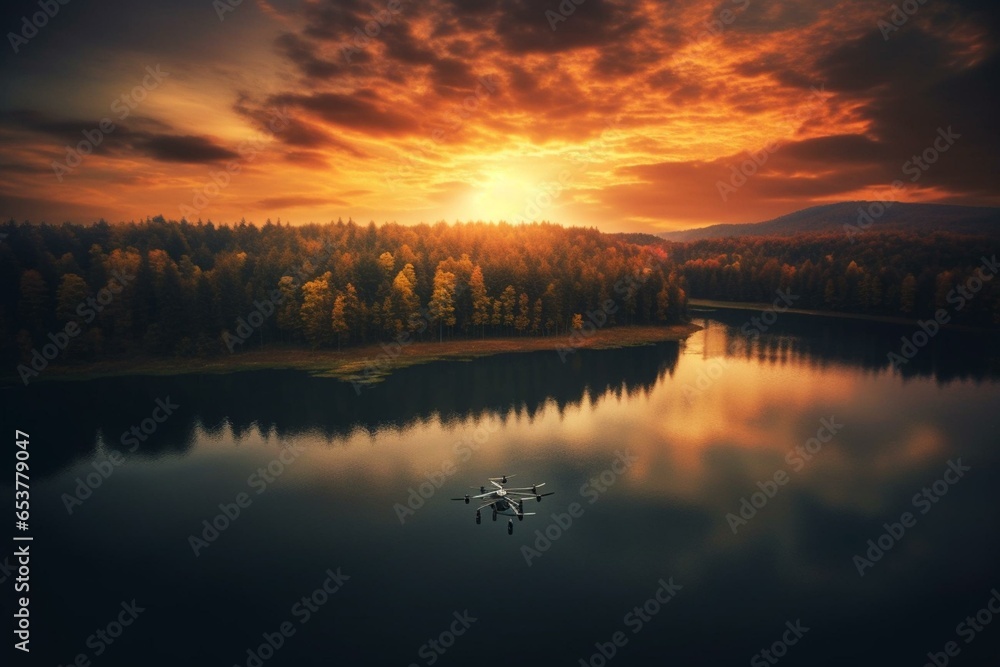 drone over lake during sunset with sun reflection. Generative AI