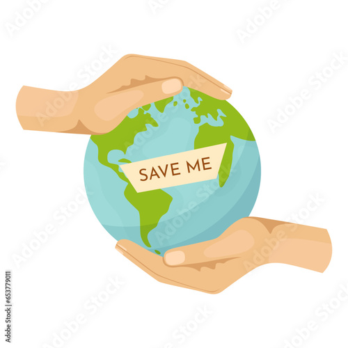 Save planet hands. Cartoon human hands hold different ecological symbols and elements, environment protection sign.