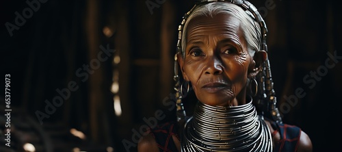 Long-necked Kayan woman wearing traditional brass neck rings in a village in Myanmar,Generated with AI photo