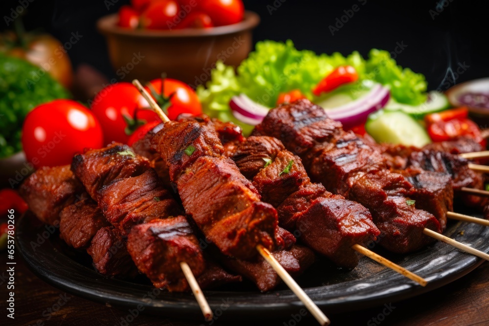 Close-Up of Spicy Suya Kebabs on Skewers with Fresh Veggie Salad, Ketchup, and African Spices. Delicious Grilled Snack