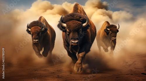 Thundering Bison Stampede Amidst a Wild Storm on North American Prairie. 3D Rendering of Majestic Buffalo Charging Across Wilderness photo