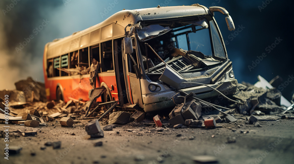 Bus crash road accident. Emergency insurance transport damage report - obrazy, fototapety, plakaty 
