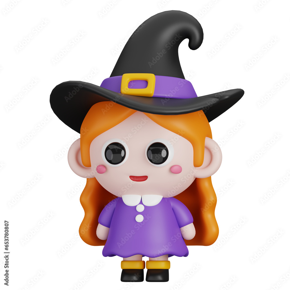 Funny Halloween Cartoon Character Witch Girl isolated. 3d Render Illustration Funny Halloween Cartoon Character Witch Girl isolated. 3d Render Illustration