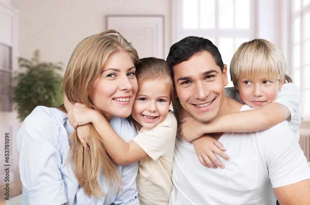 Joyful happy young family with kids sitting at home, AI generated image Joyful happy young family with kids sitting at home, AI generated image