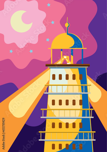 Lighthouse tower with ray light  colorful background