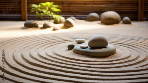 Peaceful Zen Garden with Raked Sand and Meditation Stones