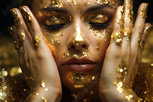 Fashion editorial Concept. Stunning golden hair beautiful Woman girl high fashion striking gold glitter shimmer. Illuminated with dynamic composition and dramatic lighting.
