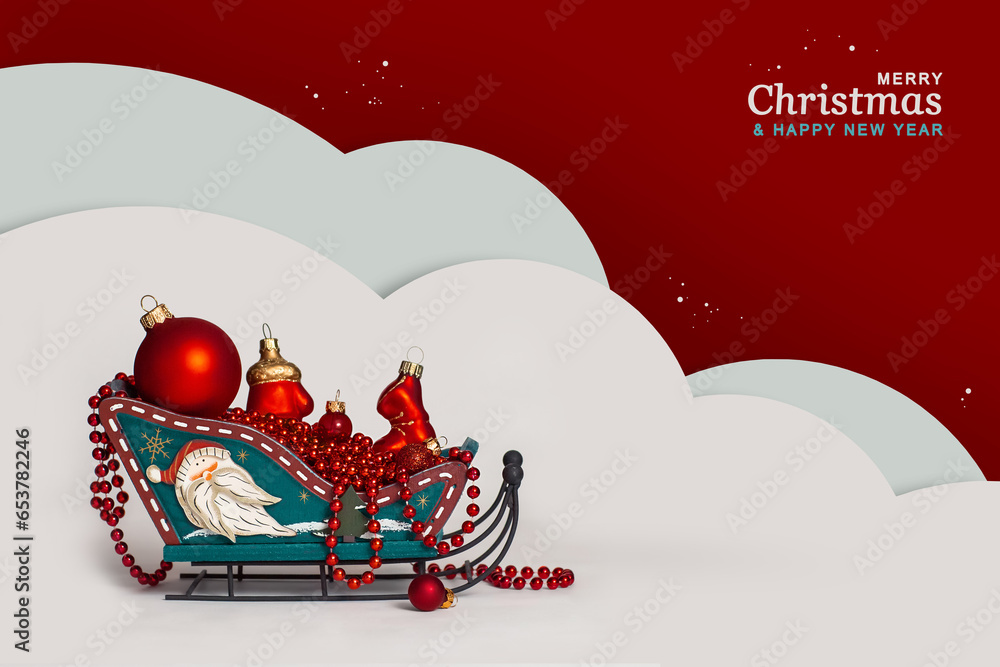 custom made wallpaper toronto digitalNew Year's Christmas decor sleigh with red Christmas tree toys on the snow. Greeting card. Postcard for congratulations on the New Year and Christmas holiday.