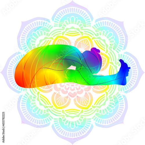 Colorful silhouette yoga posture. Seated Forward Bend 2 pose or Intense West Stretch pose. Paschimottanasana B. Seated and Forward Bend. Isolated vector illustration. Mandala background.