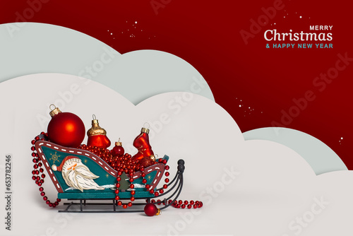 Wallpaper Mural New Year's Christmas decor sleigh with red Christmas tree toys on the snow. Greeting card. Postcard for congratulations on the New Year and Christmas holiday. Torontodigital.ca