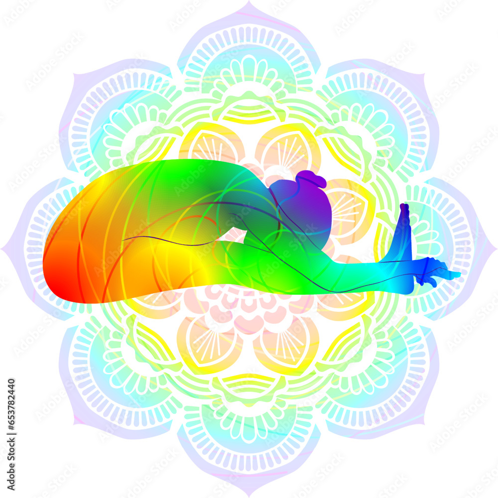 Colorful silhouette yoga posture. Seated Forward Bend 4 pose or Intense West Stretch pose. Paschimottanasana D. Seated and Forward Bend. Isolated vector illustration. Mandala background.