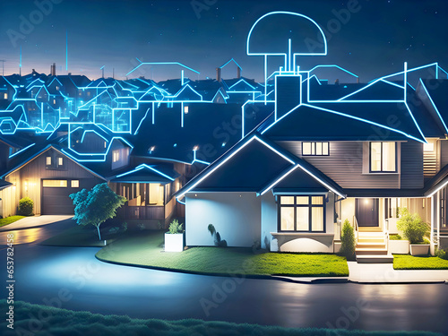 Modern smart home management lighting system using augmented reality, internet line, sky cloud lights wather isolated background. Generative AI