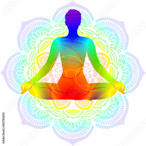 Colorful silhouette yoga posture. Easy pose. Sukhasana. Seated and Neutral. Isolated vector illustration. Mandala background.