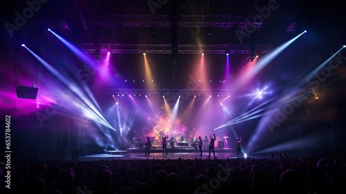 Theater Setting with Concert, Stage Lit by Colored Spotlights
