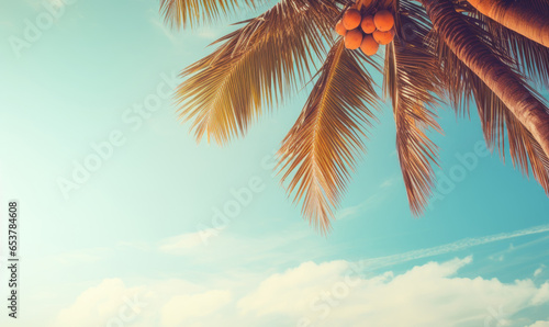 Tropical landscape featuring a prominent palm tree under a vast blue expanse.