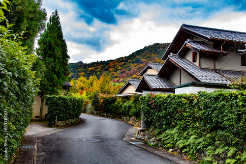 An autumn landscape scenery in Arashiyama Kyoto with urban house roofs and a road