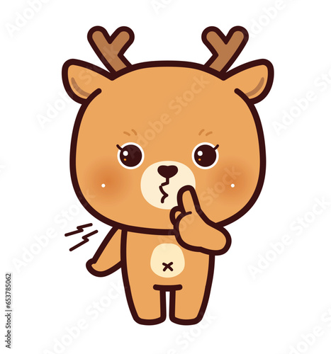 Hush. Little Deer asking for silence or secrecy with finger on lips shhh hand gesture, cartoon chibi style