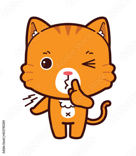 Hush. Little Orange Cat asking for silence or secrecy with finger on lips shhh hand gesture, cartoon chibi style