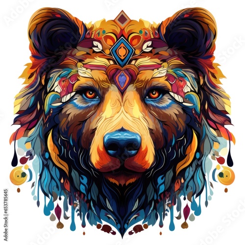 Colorful bear mandala art on white background.