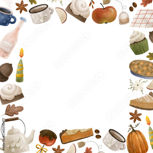 square autumn  with cakes, pie, cider, teapot with flowers, apples, candle, cups with coffee, sweets and desserts, pumpkin. Thanksgiving isolated illustration. Hand painted design