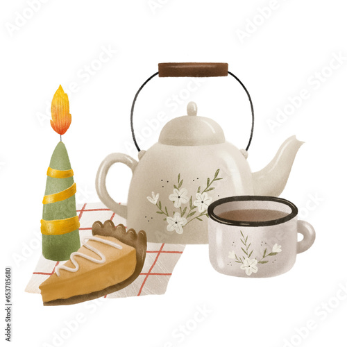 Autumn composition with white kettle, pie, cup and green candle with golden ribbon. Cozy isolated design