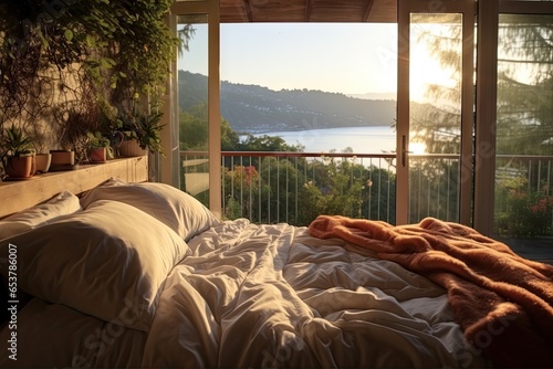 Morning bliss. Cozy bedroom retreat. Sunlit serenity. Embracing comfort. Tranquil mornings. Room filled with light. Luxurious bed escapes. Dreams begin