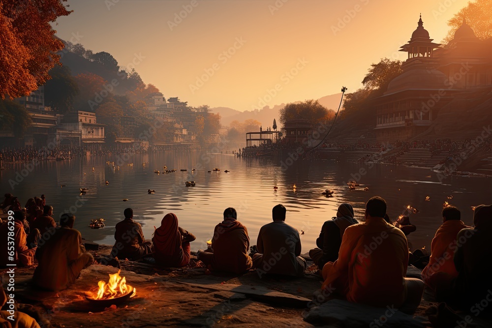 devotees and the serene landscapes near the Kosi River in Haridwar, India,Generated with AI - obrazy, fototapety, plakaty 