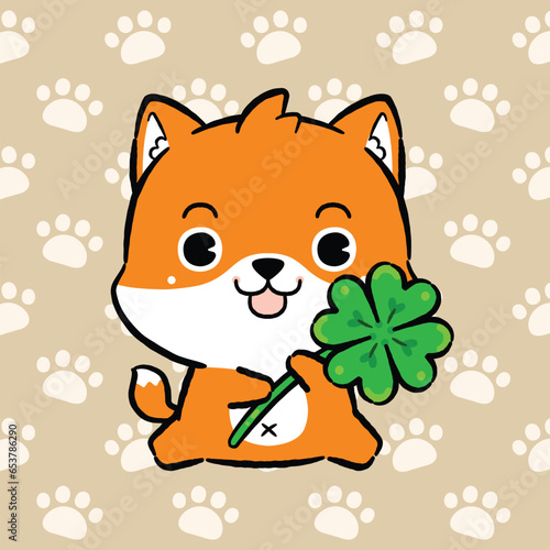 Cute Fox holding a four-leaf clover  Lucky Animals  Doodle cartoon style.