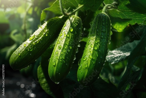 Green cucumber grow in the vegetable garden in sunny day.