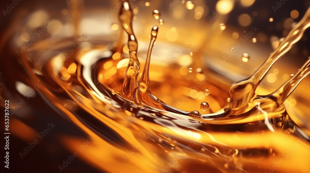 Golden yellow oil or automobile engine oil pouring out or oil splash on black background. - obrazy, fototapety, plakaty 