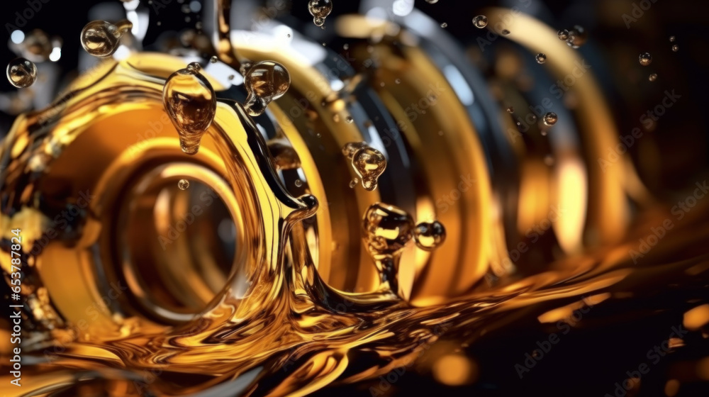 Close-up shot of golden oil or car engine oil flowing or oil splash on black background.