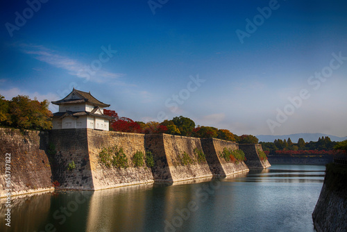 View of outer moat of Osaka castle, exterior outer walls of Osaka castle, Japan © Se.eS