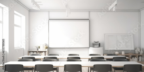 frontal view empty clean classroom with white board.