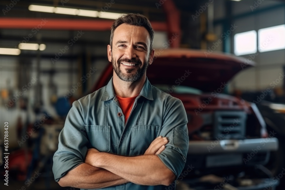 A car mechanic smiles happily in his uniform. Standing at own car repair shop background Car repair and maintenance Male repairman smiling and looking at camera A car mechanic smiles happily in his uniform. Standing at own car repair shop background Car repair and maintenance Male repairman smiling and looking at camera
