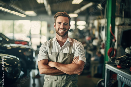 Portrait of a smiling auto mechanic in uniform. Standing at own car repair shop background Car repair and maintenance Male repairman smiling and looking at camera