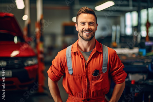A car mechanic smiles happily in his uniform. Standing at own car repair shop background Car repair and maintenance Male repairman smiling and looking at camera