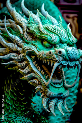 Green Chinese dragon wooden sculpture. Sign of Chinese New Year 2024. Mythological creature. Green fantasy dragon.
