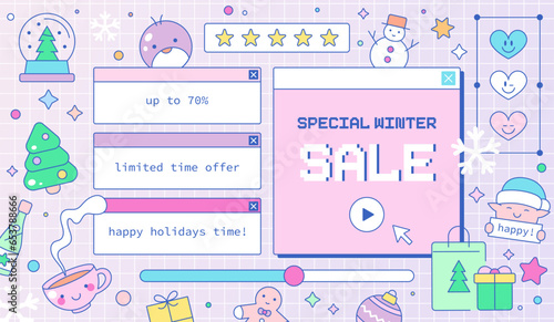 Retro Y2K Winter and New Year's Sale Banner. Vaporwave Old Computer Windows with Groovy Colors, Vintage 60s-70s Vibes. Cute Christmas Elements. Snowman, Tree, Santa's Helper, and Gifts.