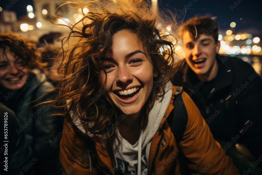 A teenage girl is celebrating a party with her friends with colorful lights at night and a teenage girl is having fun with her friends. A teenage girl is celebrating a party with her friends with colorful lights at night and a teenage girl is having fun with her friends.