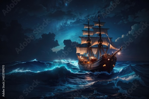 pirate ship in a storm in the ocean at night