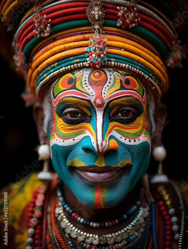 Dancer from india has beautiful and vibrant colors makeup with expressive eyes, close-up portrait of a man