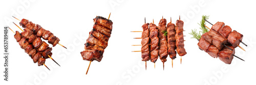 Set of Grilled pork meat on a stick isolated top view on transparent or white background