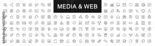 Media & Web thin line icons set. Web editable stroke icon. Network, Marketing, Social media, Website, Phone, Message, Device symbol. Vector