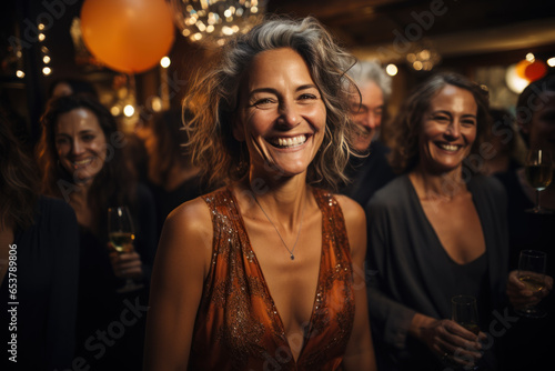 Portrait of a group of senior friends healthy elderly woman Celebrating a party with friends with colorful lights at night.