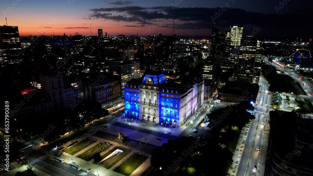 Fototapeta premium Sunset downtown Buenos Aires Argentina. Sunset panning wide landscape Puerto Madero at downtown district Buenos Aires. Tourism landmark. Sunset outdoor downtown city. Urban scenery Buenos Aires city