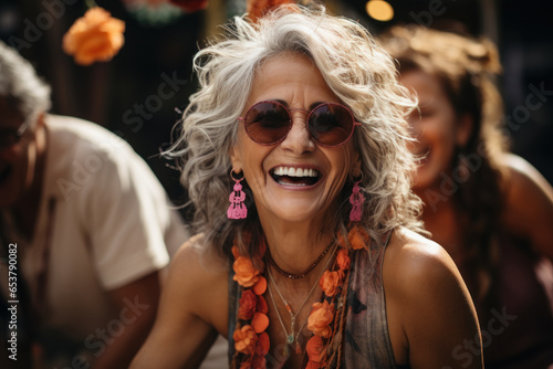 Portrait of a group of senior friends healthy elderly woman Celebrating a party with friends with colorful lights at night.