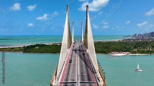 Panoramic view of Cable Viaduct bridge at Natal capital city of Rio Grande do Norte. Brazil Northeastern. Downtown aerial cityscape Cable Viaduct bridge. Natal Rio Grande do Norte. Natal Brazil. 